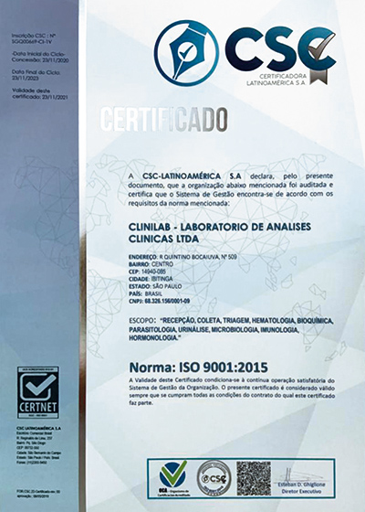 Certificado Gestão de Qualidade ISO 9001:2015 - Clinilab Ibitinga